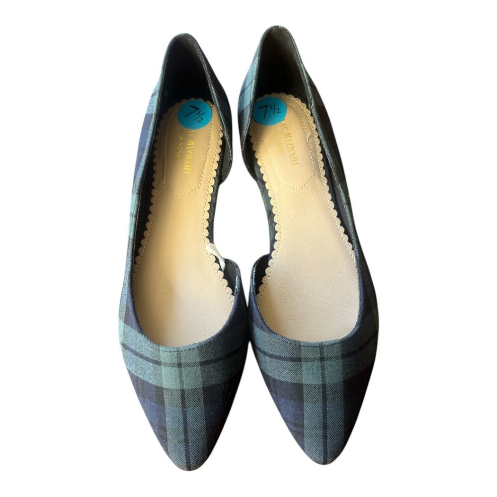 SIZE 7.5 ISAAC MIZRAHI GREEN/BLACK (BLACKWATCH) PLAID BALLET FLATS NWOT